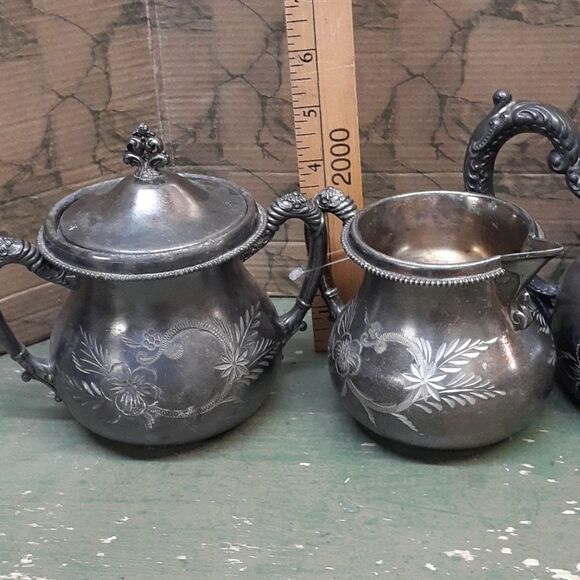 6 pc. Vintage Homan Silver plate Co tea pot, cream & sugar set, tray READ! - Picture 12 of 16